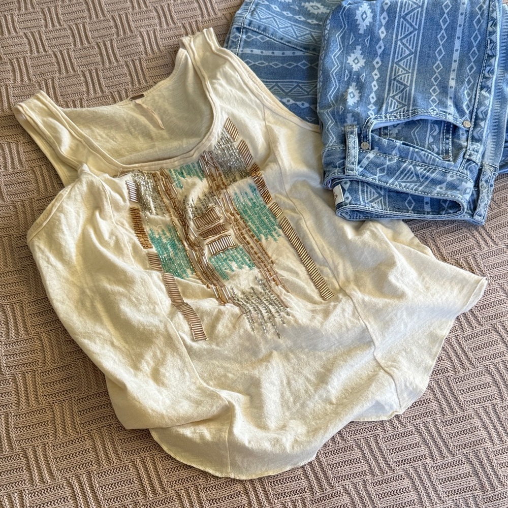 100% Cotton Free People Cream Tank with Beaded Turquoise Detail